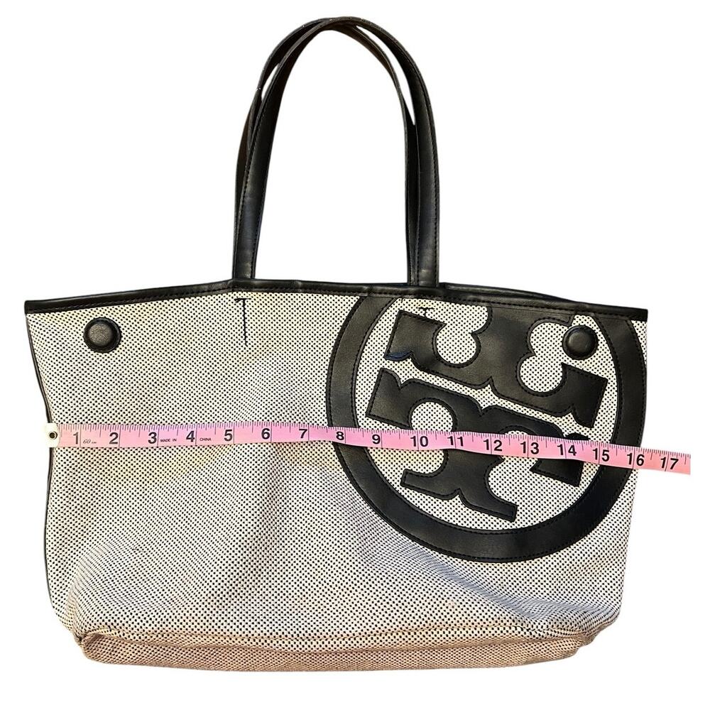 Tory Burch Lonnie Large Perforated Canvas Mesh Logo Tote Bag White Black - Picture 6 of 12
